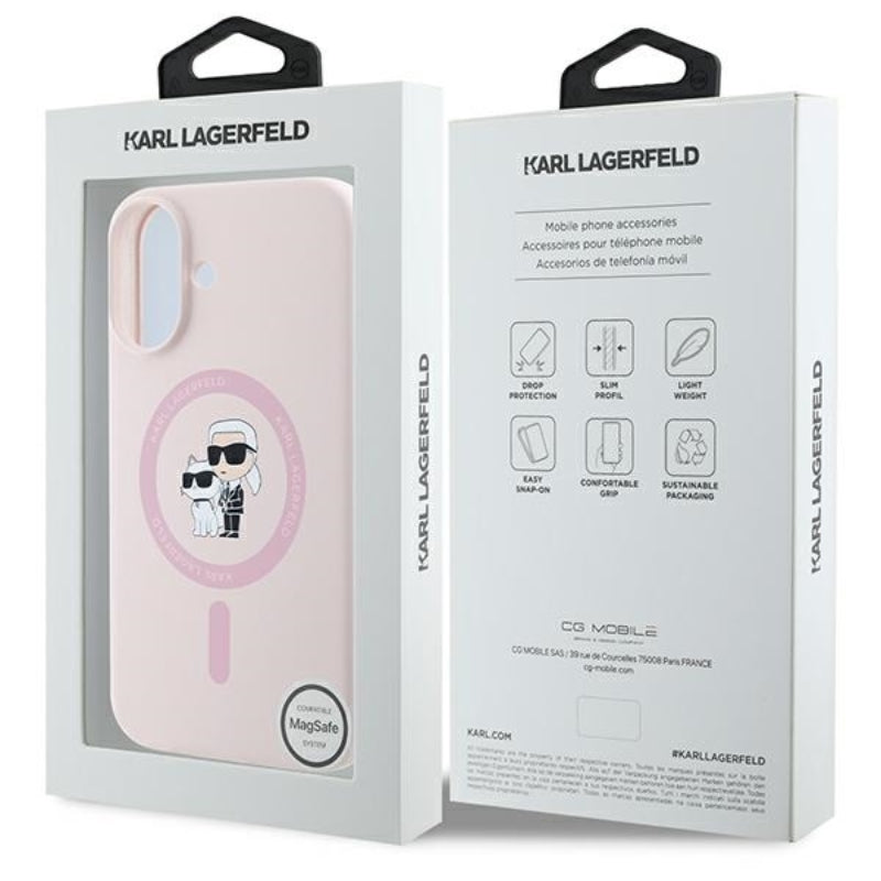 Karl Lagerfeld Silicone Karl & Choupette Ring MagSafe – dėklas iPhone 16 Plus (rožinis)