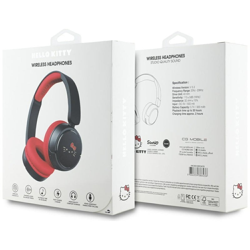 „Hello Kitty“ veido logotipas – belaidės, ausis dengiančios „Bluetooth“ ausinės V5.3 (raudonos)