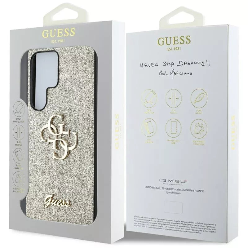 Guess Fixed Glitter Big 4G Metal Logo - dėklas, skirtas Samsung Galaxy S25 Ultra (auksinis)