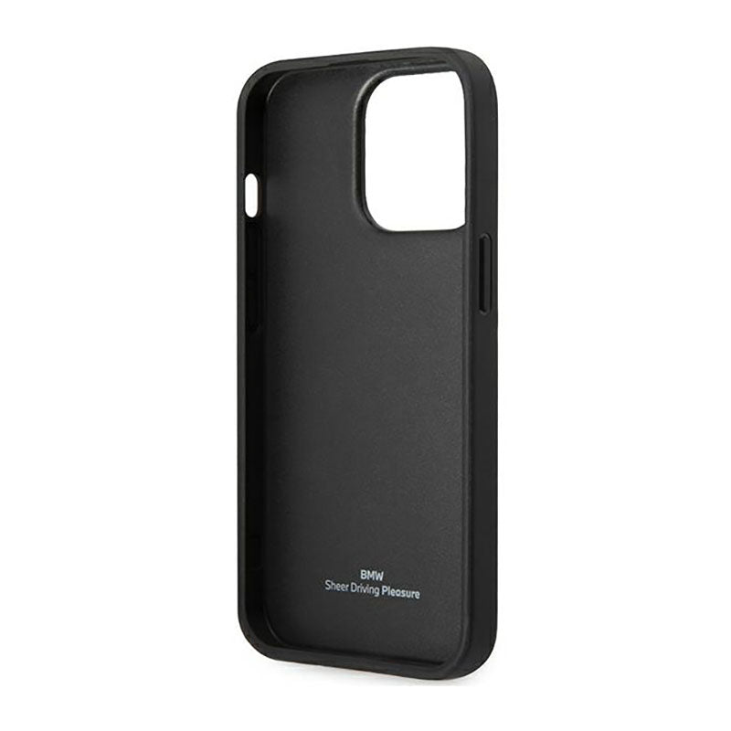 BMW Leather Blue Dots – dėklas, skirtas „iPhone 14 Pro“ (juodos spalvos)