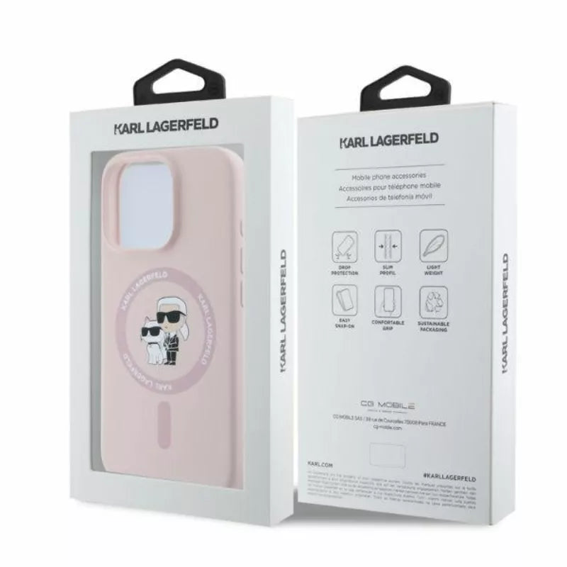 Karl Lagerfeld Silicone Karl & Choupette Ring MagSafe - dėklas iPhone 16 Pro (rožinis)