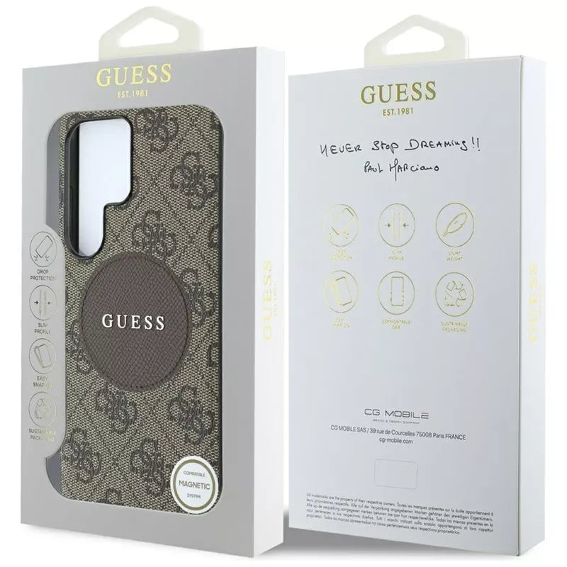 Guess 4G Round Patch Classic Logo MagSafe – Dėklas Samsung Galaxy S25 Ultra (rudas)
