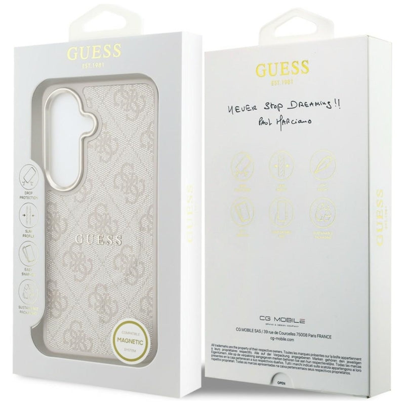 Guess 4G Reljefinis Žiedas MagSafe - Samsung Galaxy S26 dėklas (Rožinė)
