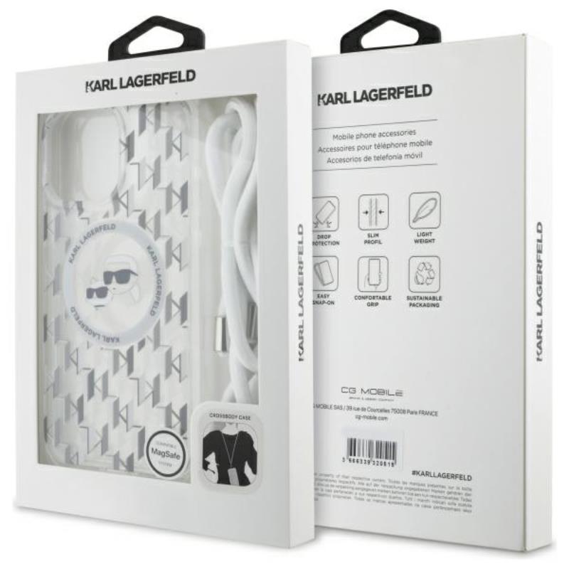 Karl Lagerfeld IML Crossbody Monogram Karl & Choupette Head MagSafe – dėklas, skirtas iPhone 16 Pro Max (skaidrus)