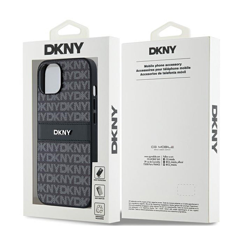 DKNY Leather Mono Stripe & Metal Logo - dėklas iPhone 15 / 14 / 13 (juodas)