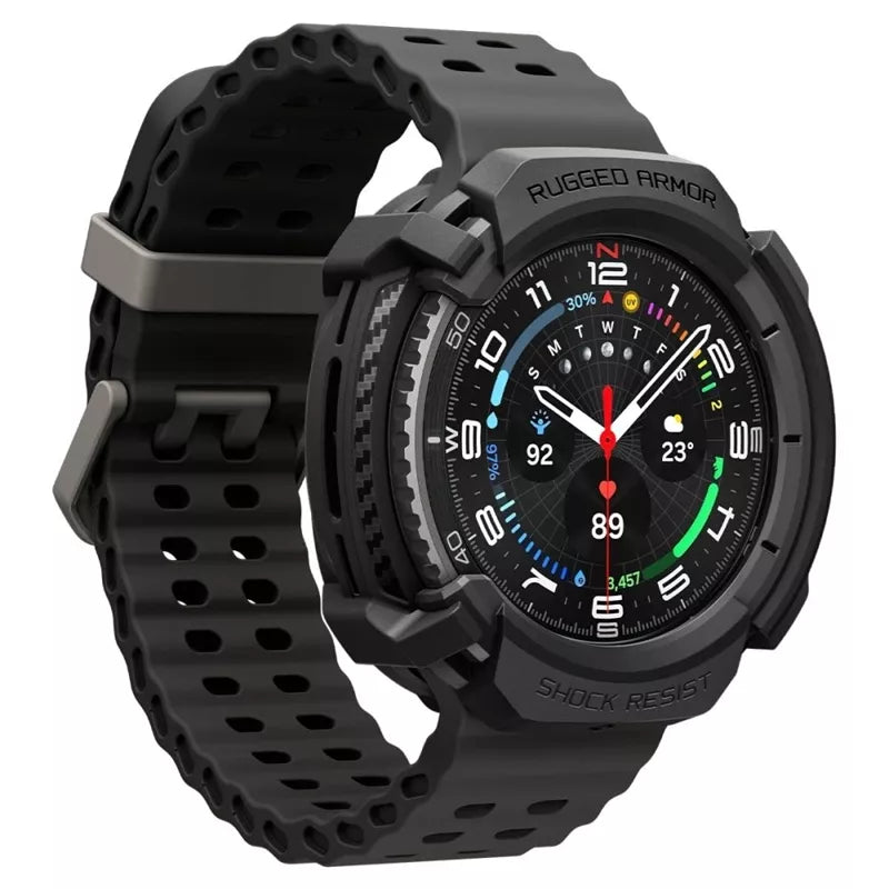 Spigen Rugged Armor – Dėklas, skirtas Samsung Galaxy Watch 8 Classic 46 mm (Matinis juodas)