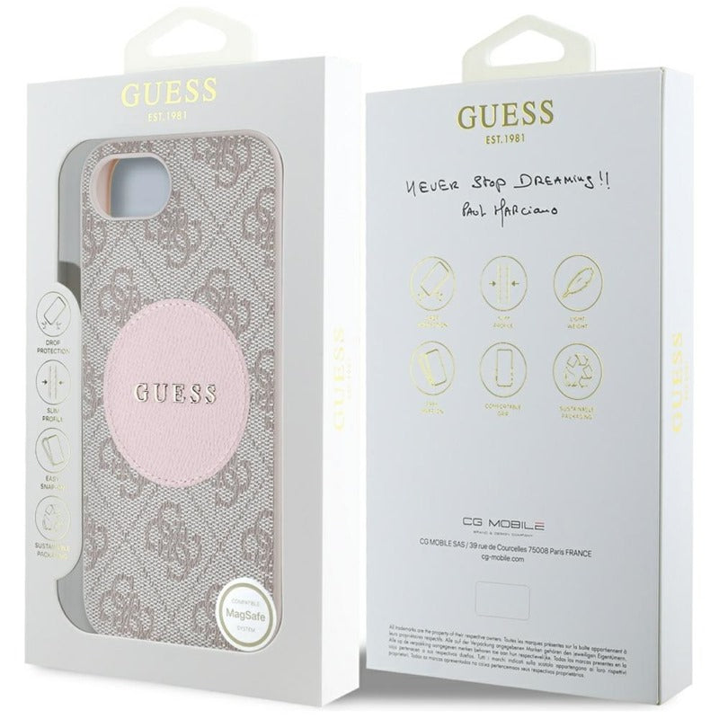 Guess 4G Circle Classic Logo MagSafe – dėklas iPhone 16e (rožinės spalvos)