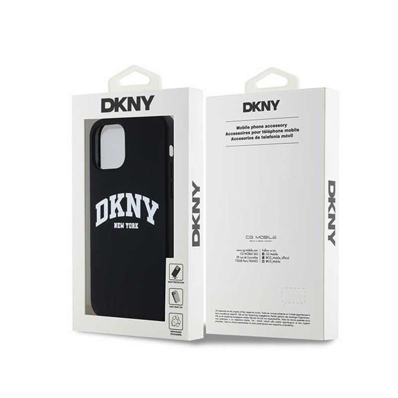 DKNY skystas silikonas su baltu atspausdintu logotipu MagSafe – dėklas skirtas iPhone 12 / iPhone 12 Pro (juodas)