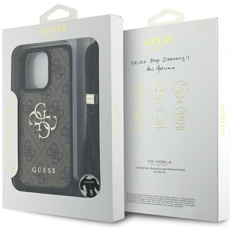 Guess 4G Big Logo Cord Strap krepšys per petį - dėklas, skirtas iPhone 16 Pro Max (rudas)