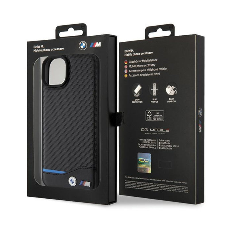 BMW od odos, karbono, su mėlyna linija – dėklas iPhone 15 Plus (juodas)