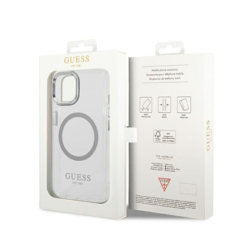 Guess Metal Outline MagSafe – "Clear" dėklas, skirtas iPhone 14 Plus