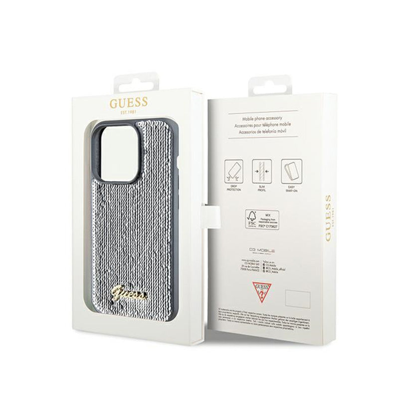Guess Sequin Script Metal – dėklas, skirtas iPhone 14 Pro (sidabrinis)