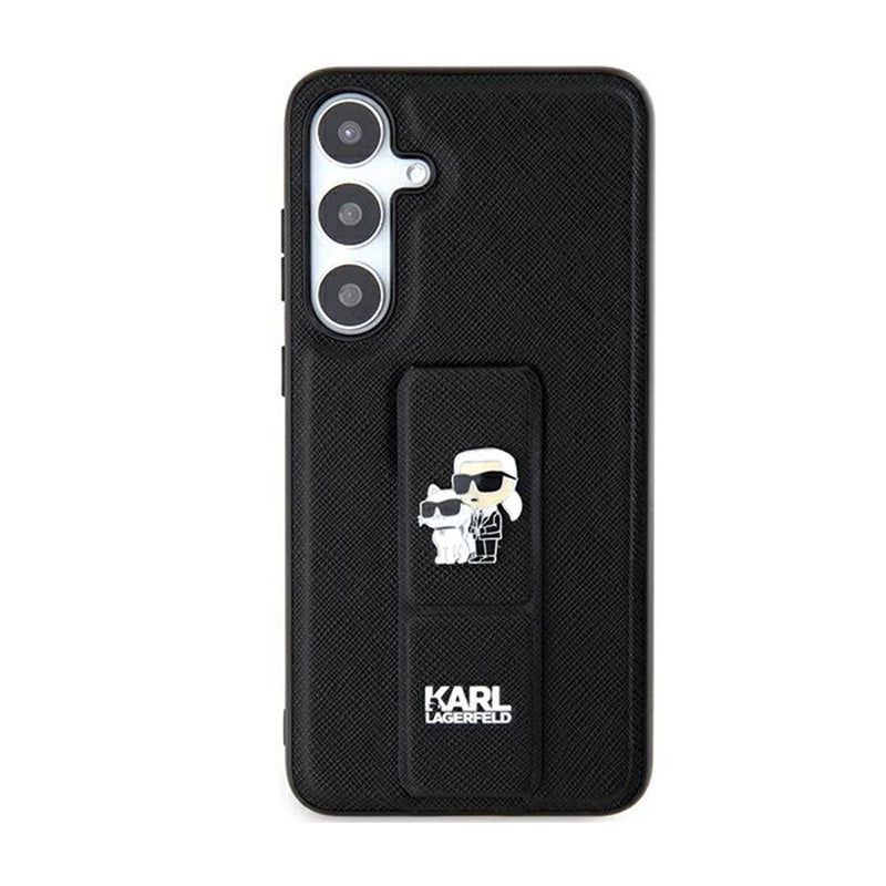 Karl Lagerfeld Gripstand Saffiano Karl & Choupette Pins - dėklas Samsung Galaxy S24 Ultra (juodas)