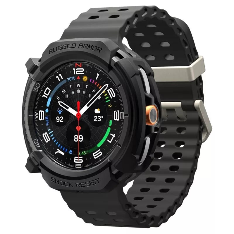 Spigen Rugged Armor – Dėklas, skirtas Samsung Galaxy Watch 8 Classic 46 mm (Matinis juodas)