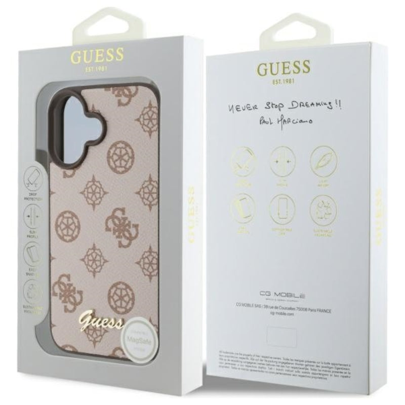 Guess Peony Script MagSafe dėklas, skirtas iPhone 16 (ruda)