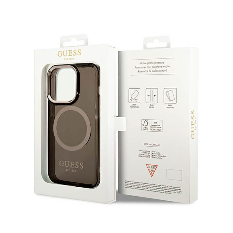 Guess Gold Outline Translucent MagSafe – dėklas skirtas iPhone 14 Pro (juodas)