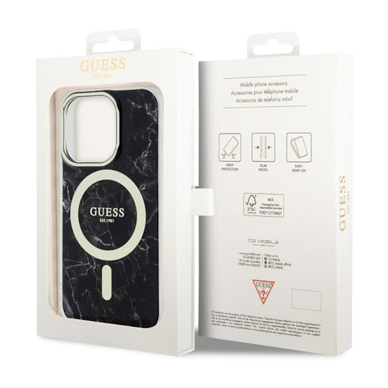 Guess Marble MagSafe – dėklas, skirtas iPhone 14 Pro (juodas)