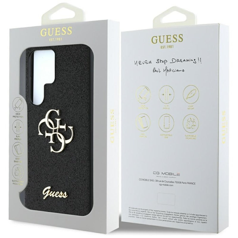 Guess Fixed Glitter Big 4G Metalinis Logotipas – Dėklas, skirtas „Samsung Galaxy S25 Ultra“ (juodas)