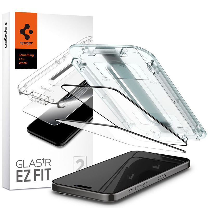 Spigen GLAS.TR EZ FIT FC 2 vnt. – Grūdintas stiklas, skirtas „iPhone 15 Pro“, 2 vnt. (juodu rėmeliu)