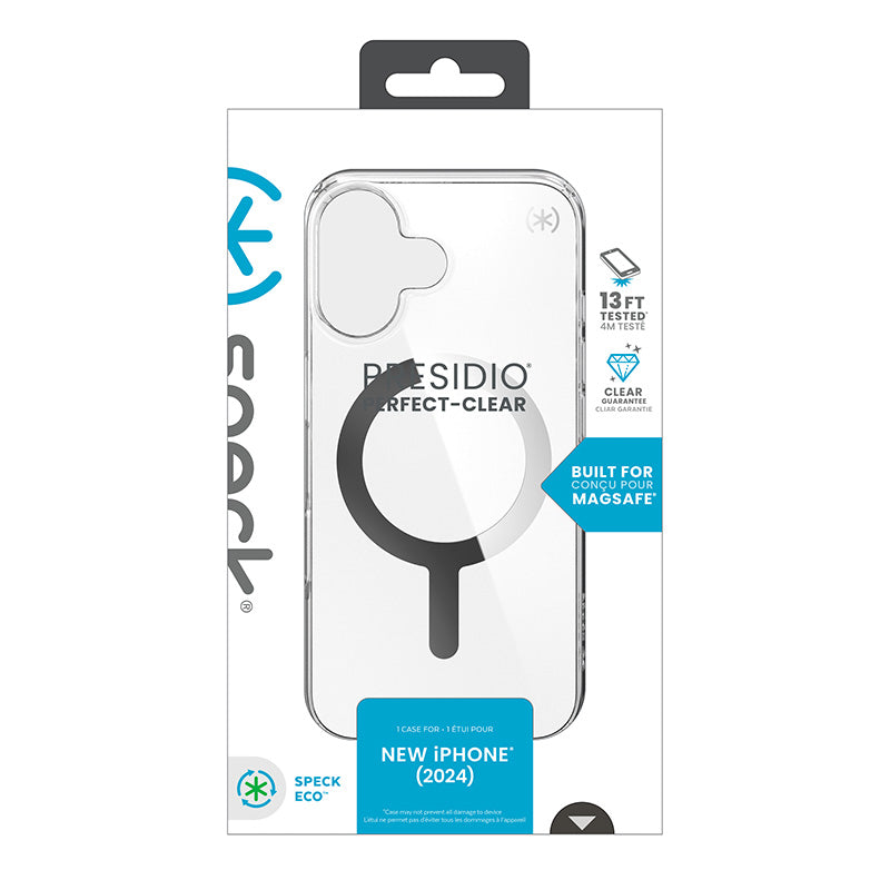 Speck Presidio Perfect-Clear MagSafe – iPhone 16 dėklas (Skaidrus / Chromuota apdaila / Serene Silver)