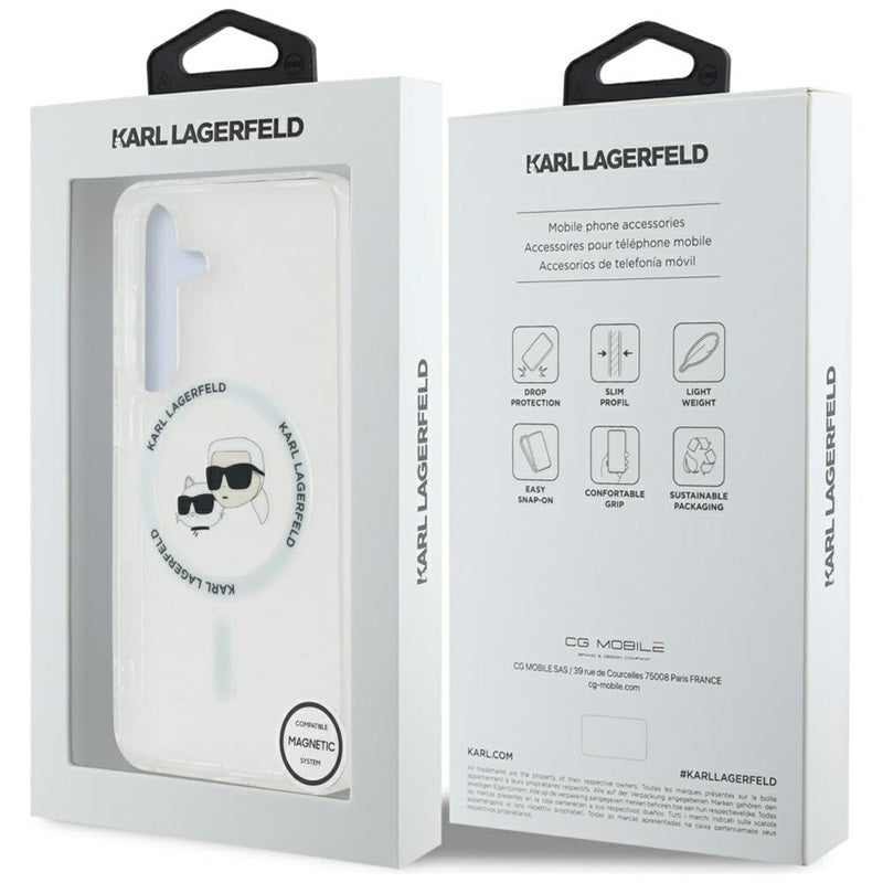 Karl Lagerfeld Button Karl & Choupette galvučių atspausdintas logotipas MagSafe – dėklas, skirtas „Samsung Galaxy S25“ (baltas)