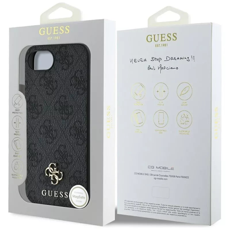 Guess 4G Small 4G ir Klasikinis MagSafe – dėklas, skirtas iPhone 16e (juodas)