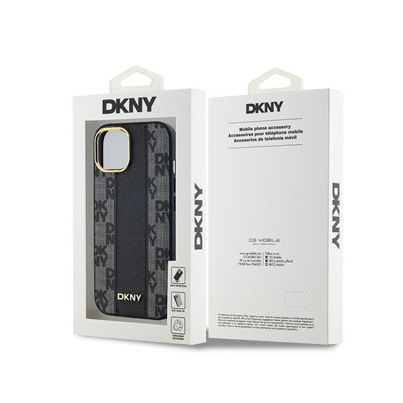 DKNY Leather Checkered Mono Pattern MagSafe – dėklas, skirtas iPhone 15 / 14 / 13 (juodas)