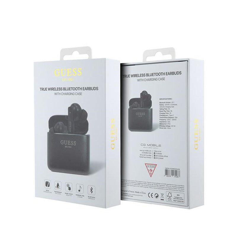 Guess Printed Logo – TWS „Bluetooth“ ausinės + įkrovimo dėklas (juodas)