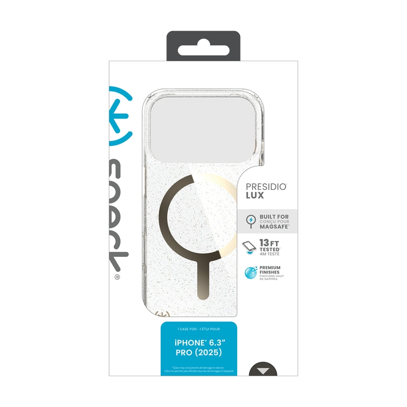Speck Presidio Lux MagSafe dėklas – iPhone 17 Pro dėklas (Blizgučiai / Auksinis metalas)