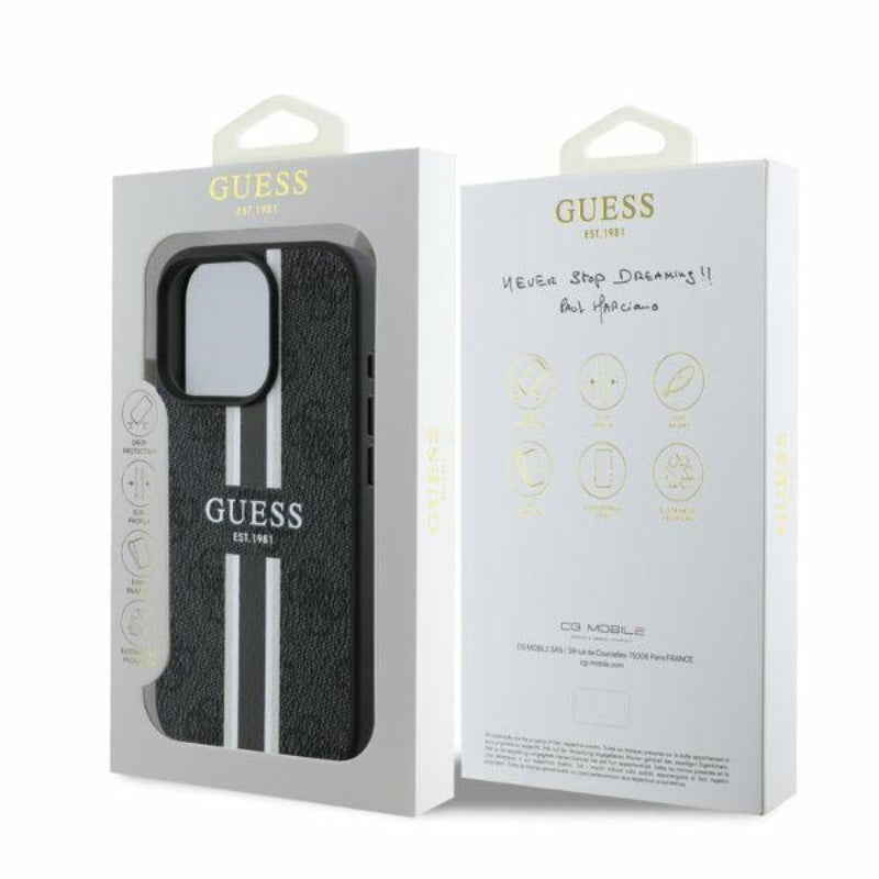 Guess 4G Printed Stripes MagSafe – dėklas, skirtas iPhone 16 Pro (juodas)