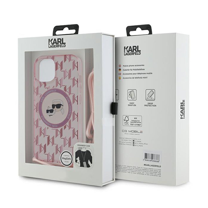 Karl Lagerfeld IML „Crossbody Monogram Karl & Choupette Head MagSafe“ – dėklas, skirtas „iPhone 15“, „14“, „13“ (rožinis)