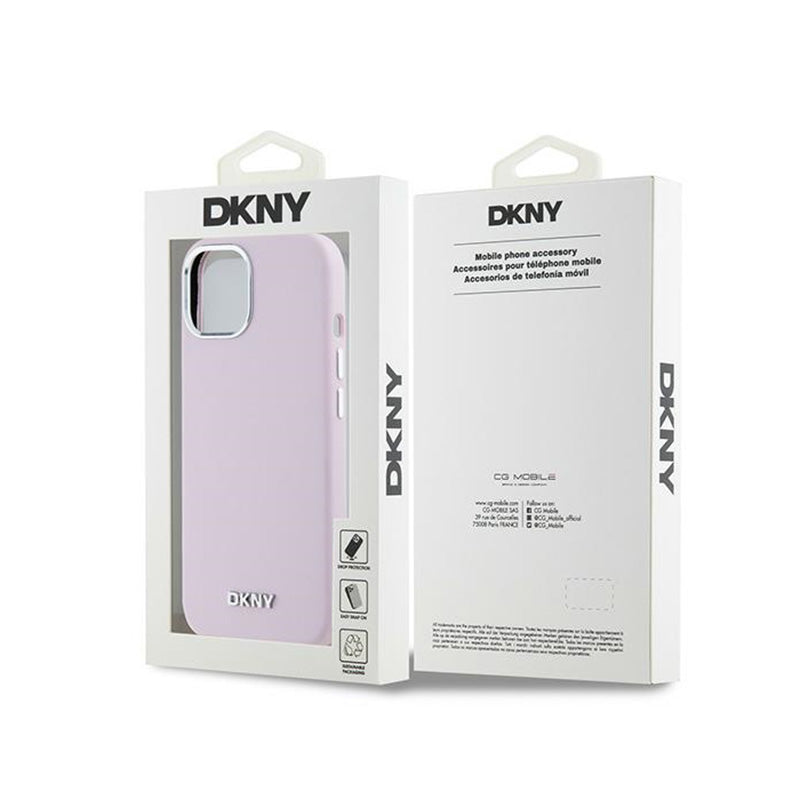 DKNY Liquid Silicone Small Metal Logo MagSafe – dėklas, skirtas iPhone 15 Plus / 14 Plus (rožinė)