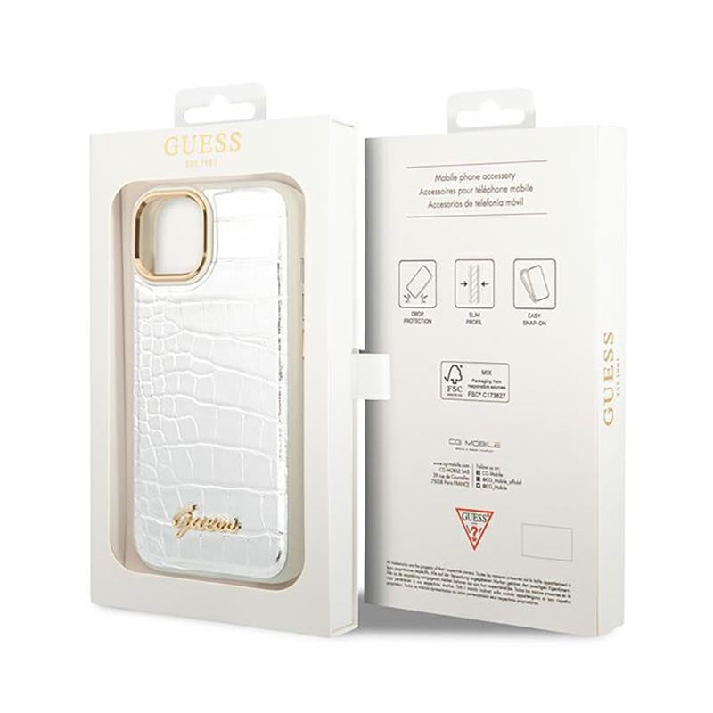 Guess Croco Collection - dėklas skirtas iPhone 14 Plus (Sidabro spalvos)