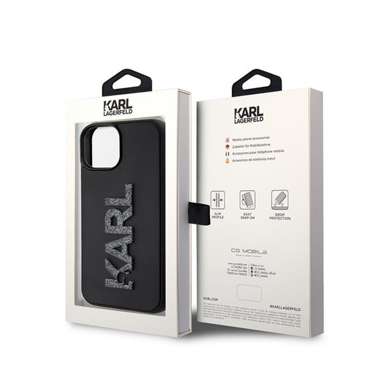Karl Lagerfeld 3D guminis blizgučių logotipas – dėklas, skirtas iPhone 15 (juodas)
