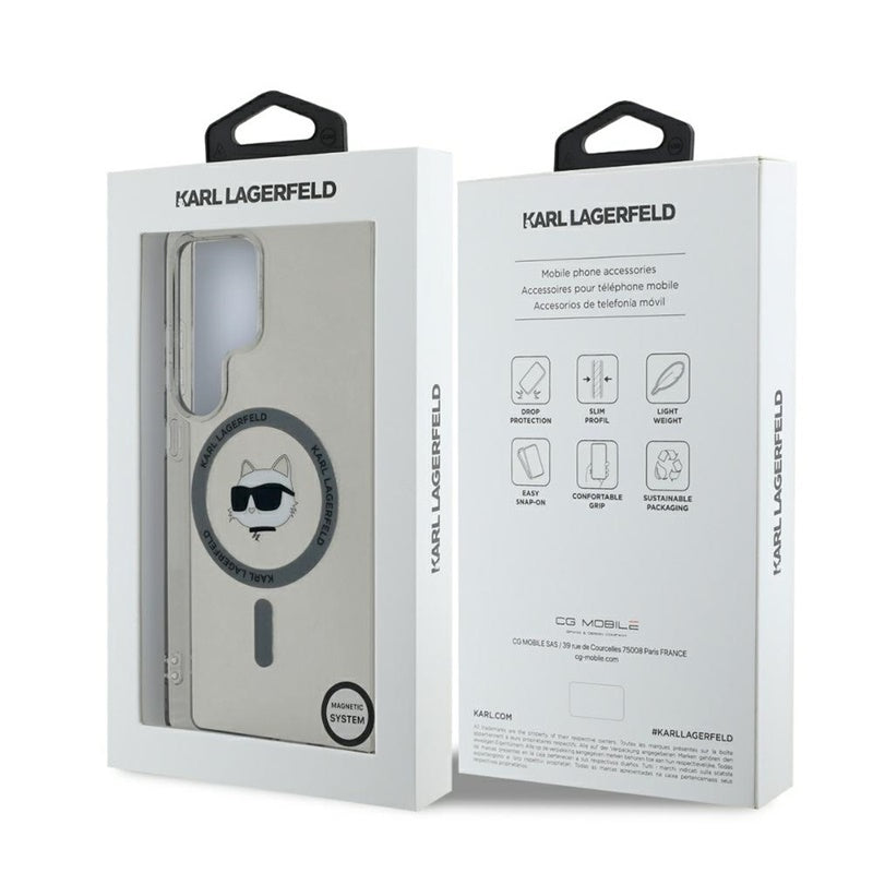 Karl Lagerfeld mygtukas Choupette galvos spausdintas logotipas MagSafe – dėklas Samsung Galaxy S25 Ultra (juodas)