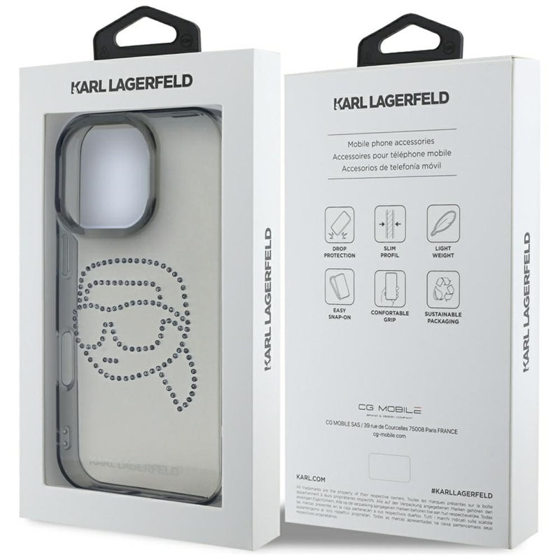 Karl Lagerfeld IML Rhinestones Karl Head – dėklas iPhone 16 Pro (juodas)