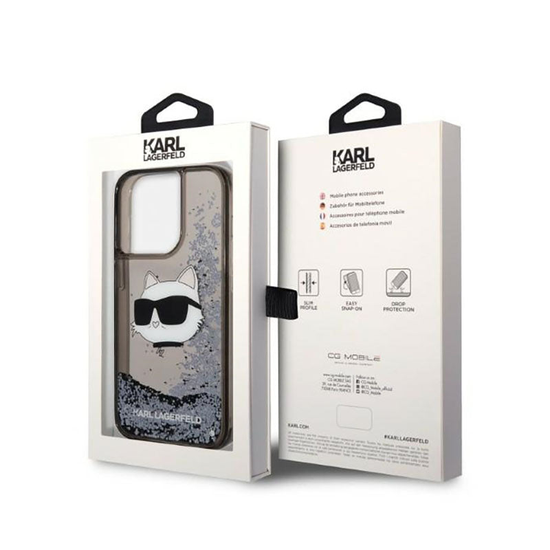 Karl Lagerfeld skysti blizgučiai NFT Choupette galva – dėklas iPhone 14 Pro (juodas)