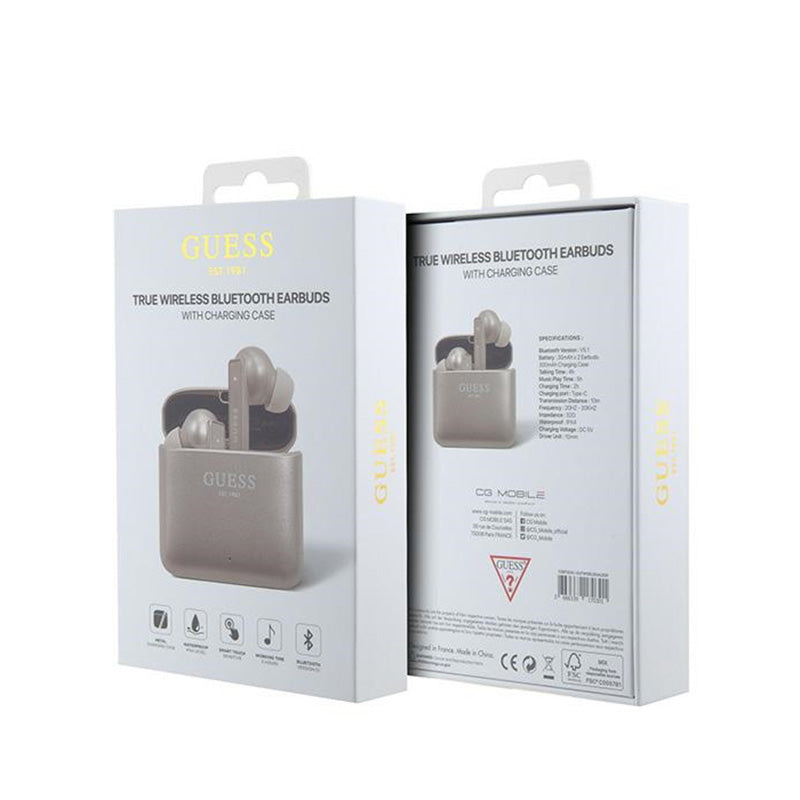 Guess Printed Logo – „Bluetooth“ TWS ausinės + įkrovimo dėklas (rožinės spalvos)