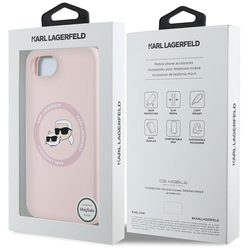 Karl Lagerfeld silikoninis Karl & Choupette Heads MagSafe – dėklas iPhone 16e (rožinis)