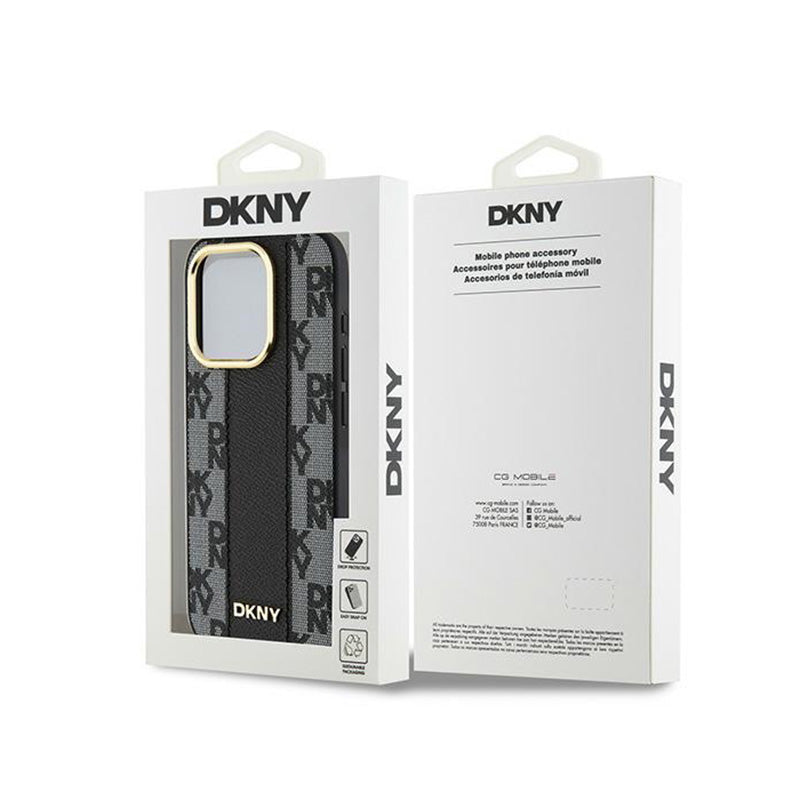 DKNY odinė languota „Mono Pattern MagSafe“ dėklas, skirtas „iPhone 15 Pro Max“ (juodas)