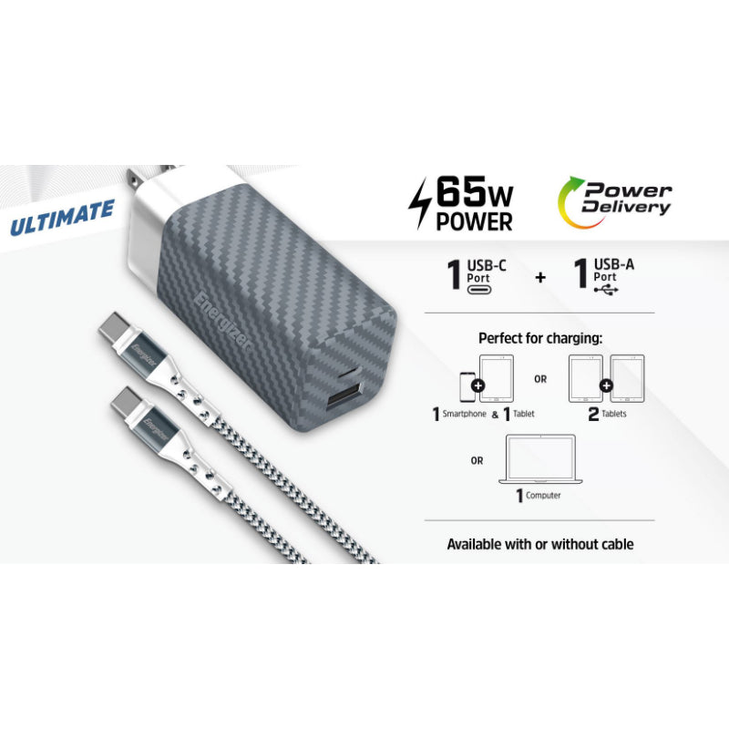 Energizer Ultimate – Multiplug EU / UK / US GaN USB-C & USB-A 65W PD tinklo įkroviklis + USB-C laidas (juodas)