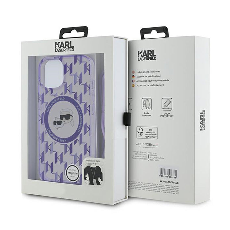 Karl Lagerfeld IML „Crossbody Monogram Karl & Choupette Head MagSafe“ – dėklas, skirtas „iPhone 15 / 14 / 13“ (violetinis)