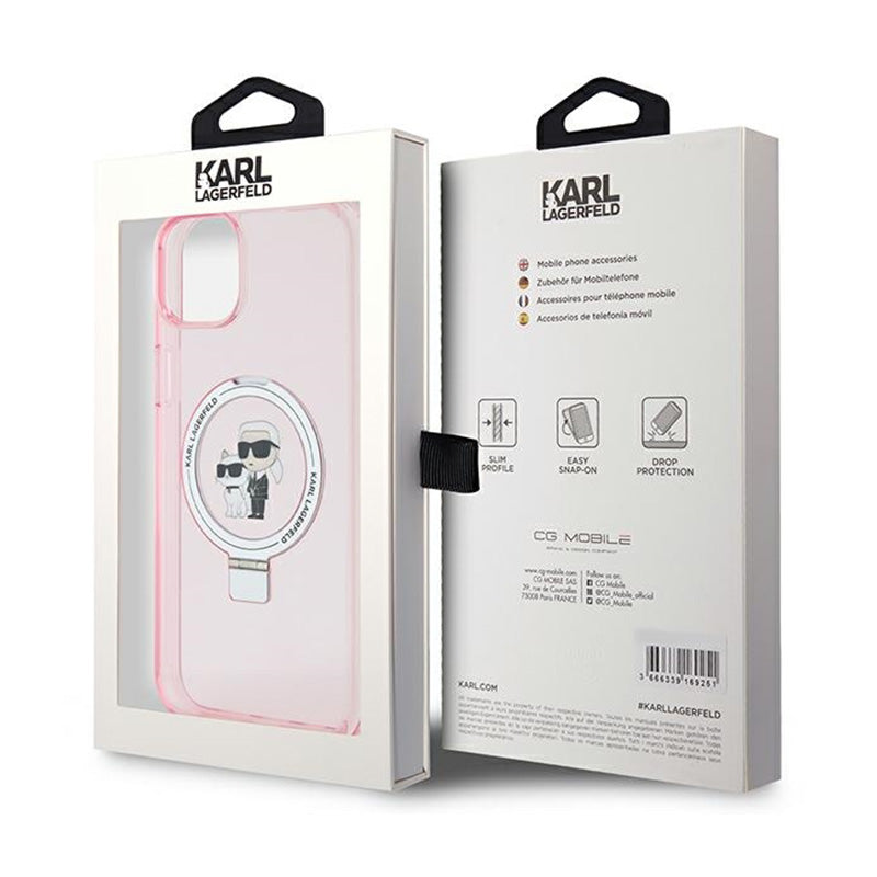 Karl Lagerfeld žiedo laikiklis Karl & Choupette MagSafe – „iPhone 15 Plus“ dėklas (rožinis)