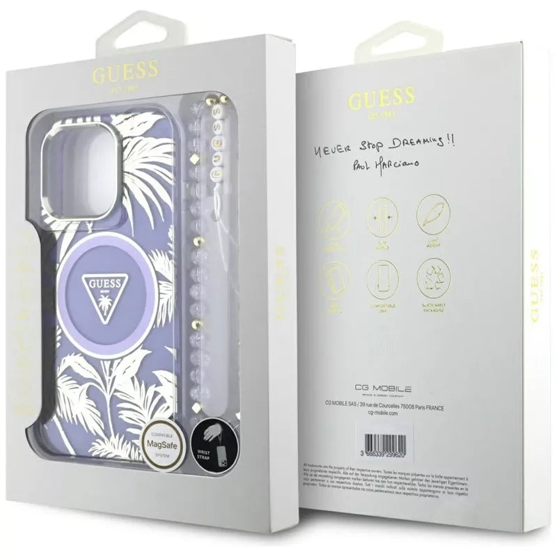 Guess Palm Trees Triangle Pearl Strap MagSafe – „iPhone 16 Pro Max“ dėklas (violetinis)
