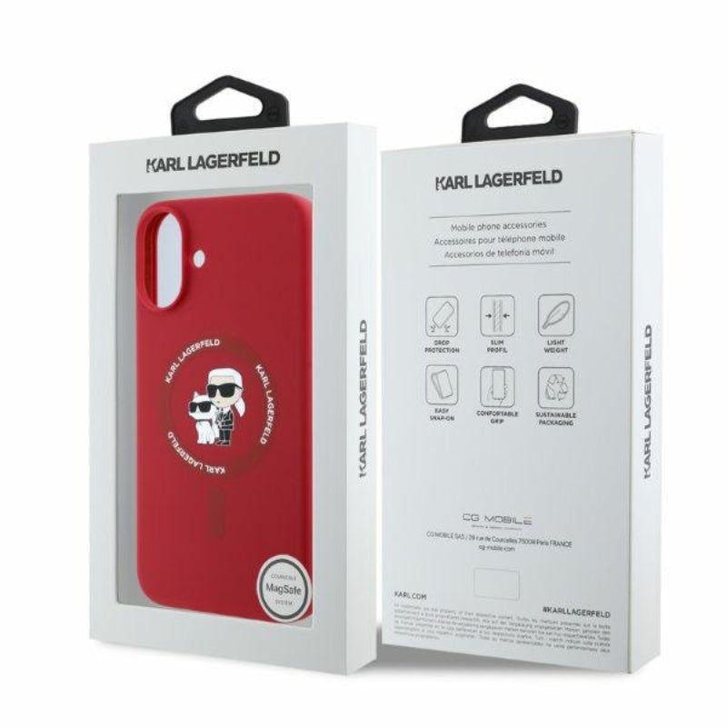 Karl Lagerfeld Silikoninis MagSafe dėklas su Karl ir Choupette žiedu - iPhone 16 (raudonas)