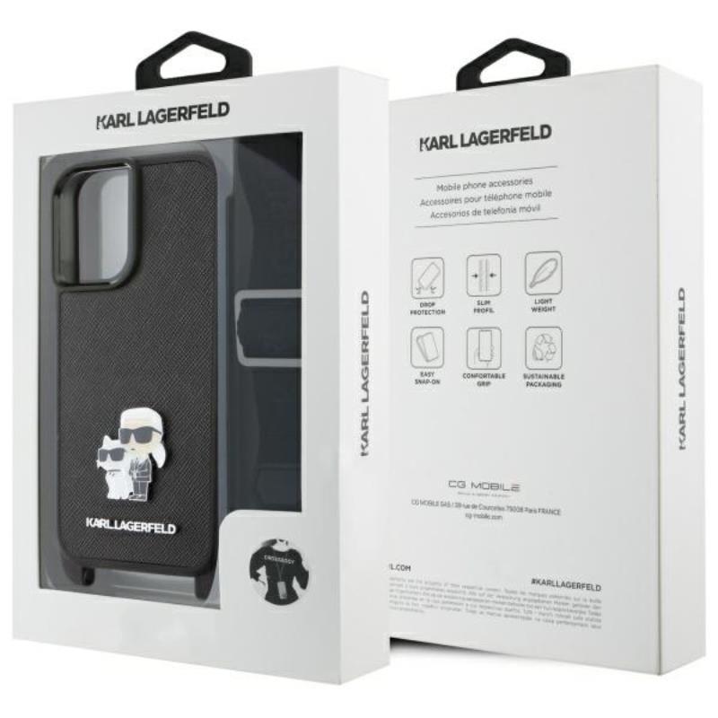 Karl Lagerfeld Saffiano Karl & Choupette Metal Pin CBDY Strap – dėklas iPhone 16 (juodas)