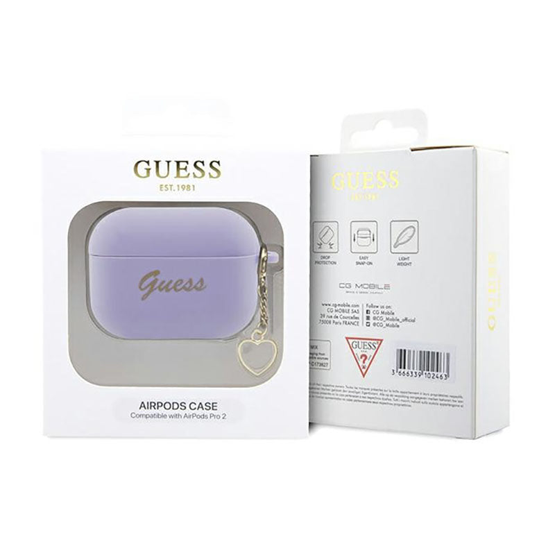Guess Silicone Heart Charm – dėklas Apple AirPods Pro 2 (violetinė)