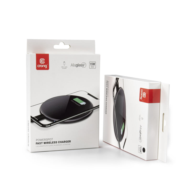 Crong PowerSpot Greitas belaidis įkroviklis – aliumininis 15 W USB-C Qi belaidis įkroviklis su grūdinto stiklo danga (sidabro baltumo)