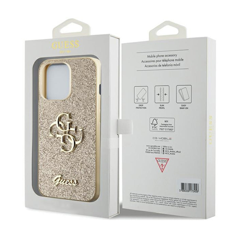 Guess Glitter Script Big 4G – iPhone 13 Pro Max dėklas (aukso)
