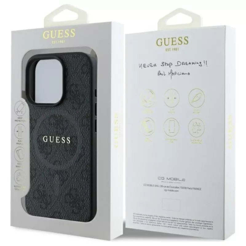 Guess 4G Ring Classic Logo MagSafe – dėklas, skirtas iPhone 16 Pro Max (juodas)